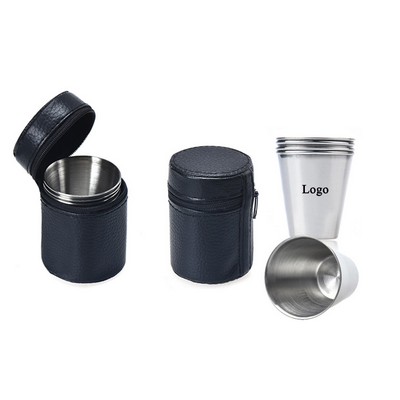 1oz Stainless Steel Wine Cups W/ Black Leather Case