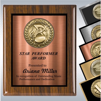 Walnut Piano Finish Wood Plaque w/Choice of Medallion Over Double Plate (12" x 15")