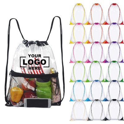 Clear PVC Drawstring Bag With Front Zipper Mesh Pocket