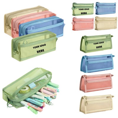 Mesh Zippered Pencil Case Transparent Stationary Bag