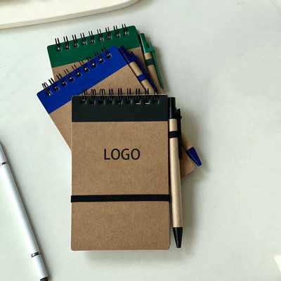 Portable Spiral Notebook w/Kraft Paper Cover & Ballpoint Pen