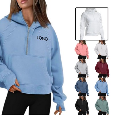 Midweight Half-Zip Fleece Hoodie with Stand Collar