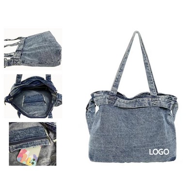 15.7 X 14.2 Inch Denim Zippered Tote Bag W/ Shoulder Strap