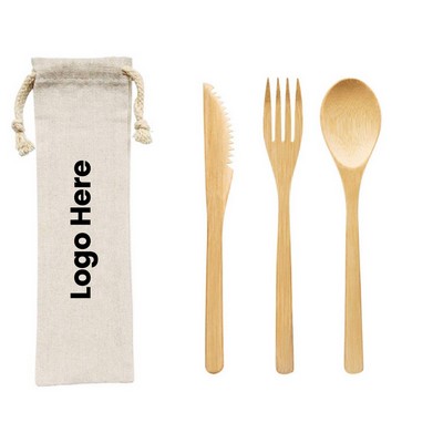 Reusable 3 Piece Bamboo Utensils Set In Canvas Travel Pouch