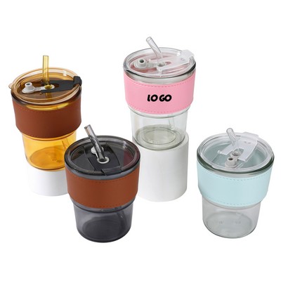 14oz Glass Cup with Straw and Leather Sleeve