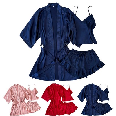 3 Piece Women Solid Color Sexy Silk Pajamas Set