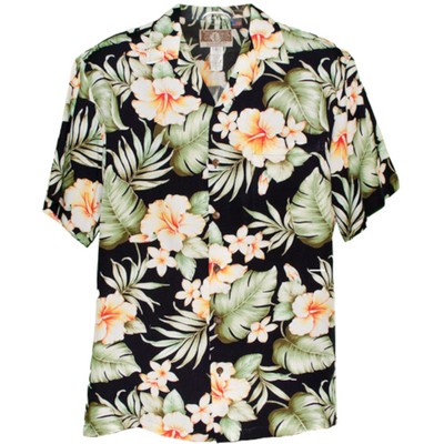 Black Hawaiian Shirt - 100% Silky Rayon Tropical Print w/Genuine Coconut Buttons