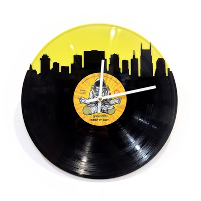 Recycled Vinyl Record City Skyline Cut-Out Record Clock - 2 Layer