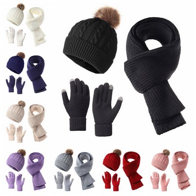 3 Piece Women Pom Pom Hat Knitted Scarf Snow Gloves Set