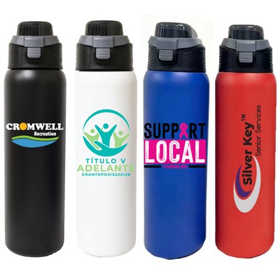 30 Oz. Stainless Steel Vacuum Insulated bottle with pop & sip straw lid and carry loop