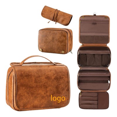3-in-1 Waterproof Leather Hanging Toiletry Organizer with Separate Compartments