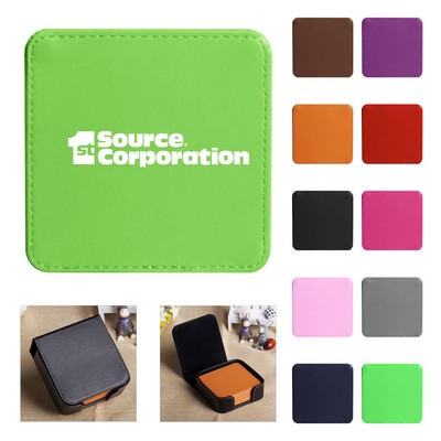 Leather 4-Square Coaster Set w/Holder