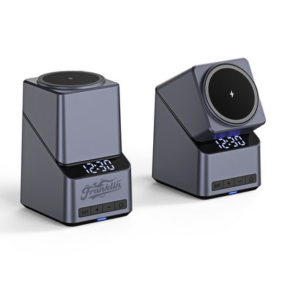 MOQ 10 4-in-1 Auto-Rotate Magnetic Wireless Charging Station With Clock