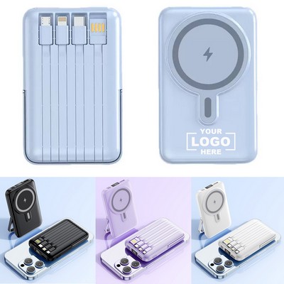 10000mAh Magnetic Wireless Fast Charging Power Bank W/ 4 Built-in Cables & Foldable Phone Stand