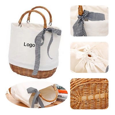 Handcrafted Willow Shopping Basket With Canvas Trim