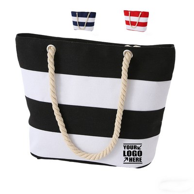 Rope Handle Striped Canvas Shoulder Tote