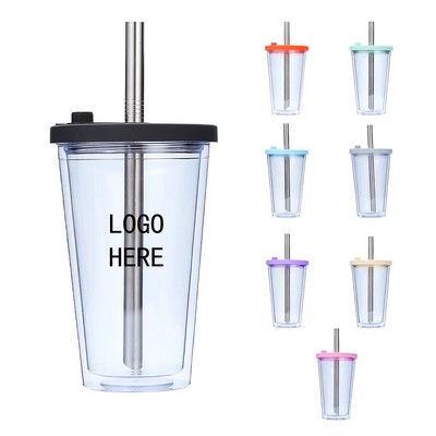 16oz Clear Double-Wall Plastic Straw Cup