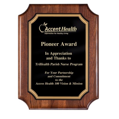 Walnut Plaque with Black Brass Plate and Notched Corners, 9 x 12"