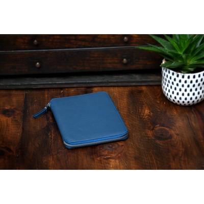 Pebble Calf Leather Medium-Size Zippered Padfolio - Ocean Blue - Borlino
