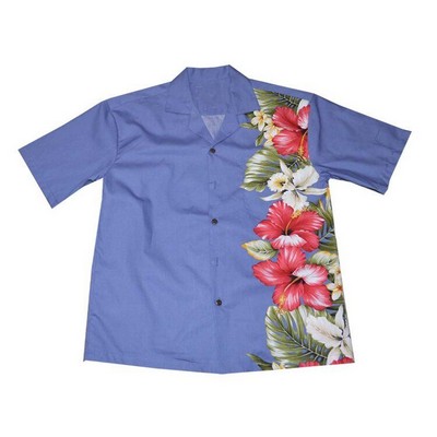 Blue Hawaiian Tropical Vertical Border Print Cotton Shirt