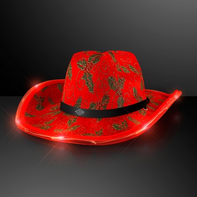 Christmas Cowboy Hats, Holly & Lights With Black Band - PRINTED