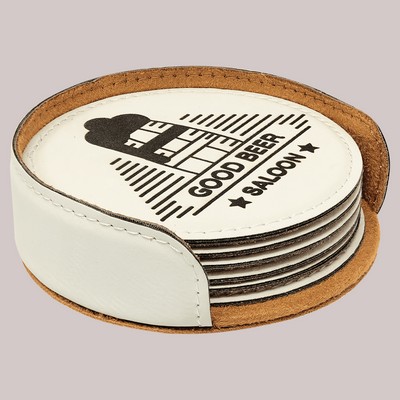 4" Round White 6-Coaster Set with Holder, Laserable Leatherette