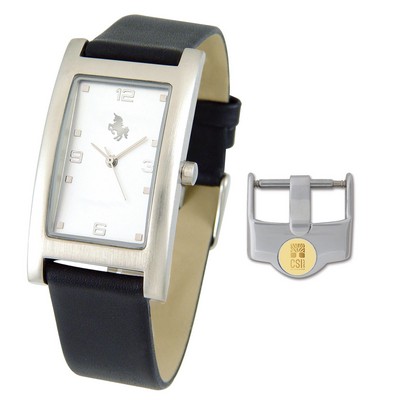 Men's Rectangle Black/Silver Wristwatch W/ Gold Medallion