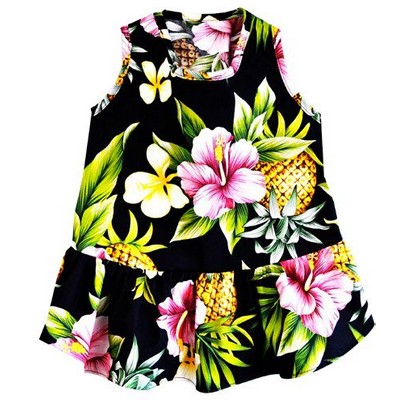 Dog Hawaiian Tropical Print Black Cotton Dress