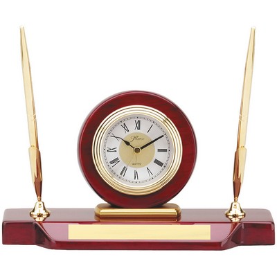 Piano Finish Rosewood Desk Set, Clock with 2 Pens 5" x 9"