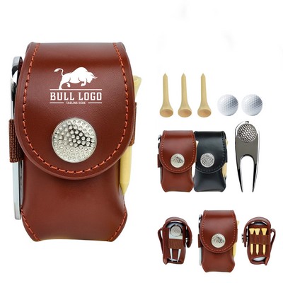 PU Leather Golf Ball Pouch Bag w/Tee Holder