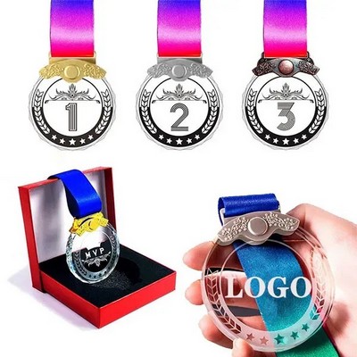 Crystal Glass Awards Medals With Ribbon