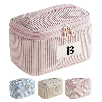 Large Capacity Corduroy Makeup Bag w/ Mesh Pocket
