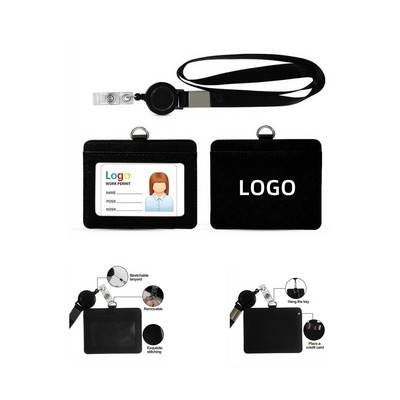 PU Leather ID Badge Card Holder with Detachable Neck Lanyard