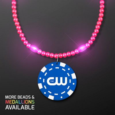 Pink LED Bead Necklace with Blue Poker Chip Medallion - PRINTED