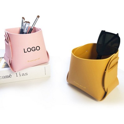 Collapsible Leather Storage Bin Decorative Desk Organizer