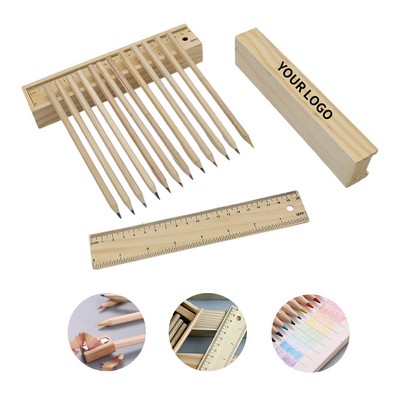 Wooden Ruler Box With Twelve Colored Pencils And Sharpener