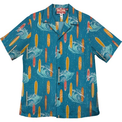 Aqua Blue/Orange Hawaiian Shirt - 100% Cotton Poplin w/Coconut Buttons & Short Sleeves