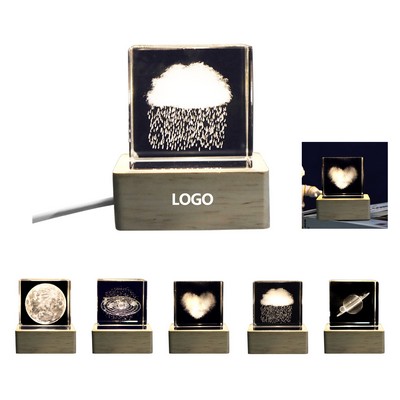 3D Crystal Night Light With Woodern Base Gifts For Kids
