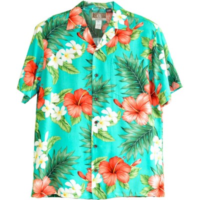 Soft & Supple Silky Rayon Aqua Blue Tropical Print Hawaiian Shirt w/Genuine Coconut Buttons