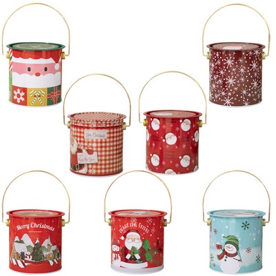 Christmas Round Tote Metal Storage Box with Lid Kids Cookie Tin Gift Box Container