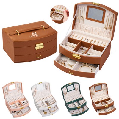 2 Layer Mirror PU Leather Velvet Jewelry Case Display Box with Handle