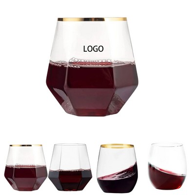 BPA-Free Clear Plastic Wine Cup with Gold Edge Diamond Design
