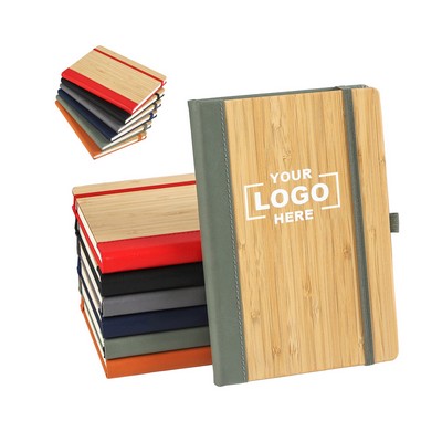 A5 PU Leather and Bamboo Cover Notebook w/ Elastic Strap