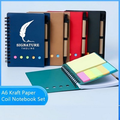 A6 Kraft Paper Coil Notebook Set W/ Sticky Notes & Pen