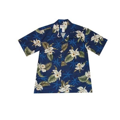 Navy Hawaiian Cotton Poplin Shirt w/ Button Front & Short Sleeves