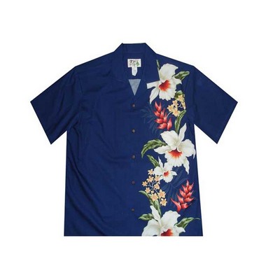 Hawaiian Navy Blue Shirts w/ Tropical Vertical Border Print