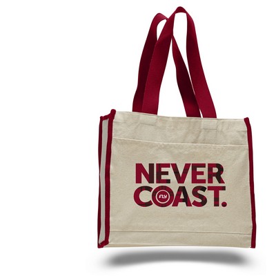 Natural Canvas Bag w/ Contrast Handles & Trim - 14"x12"x5 1/4"