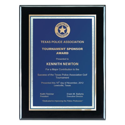 Plaque - 6"x8" Piano Wood Plaque w/ Blue Florentine Plate (4"x6")