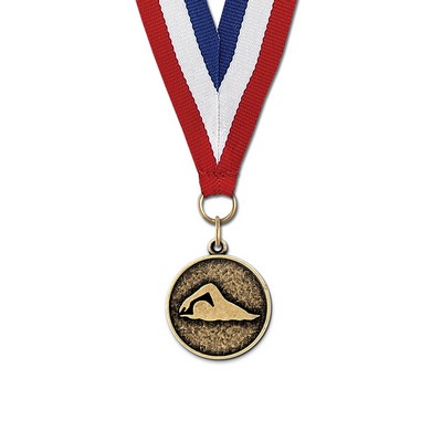 1 1/8" Stylized Swimmer Cast CX Medal w/Red/White/Blue or Year Grosgrain Neck Ribbon