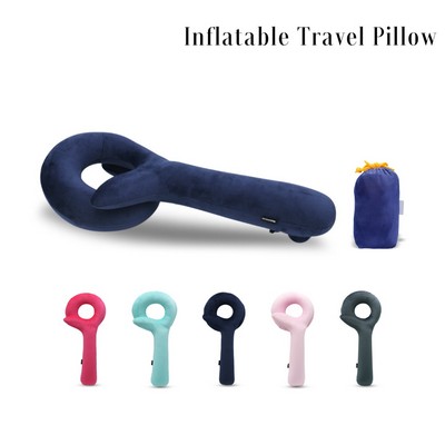Q Shape Soft Velvet Inflatable Neck Pillow with Packsack